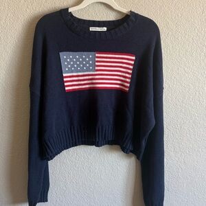 Moon & Madison Navy Knit Sweater with American Flag Classic Boxy Cropped USA